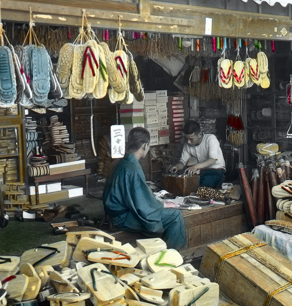A shop selling geta, Japanese wooden shoe wear, Japan, 1920s